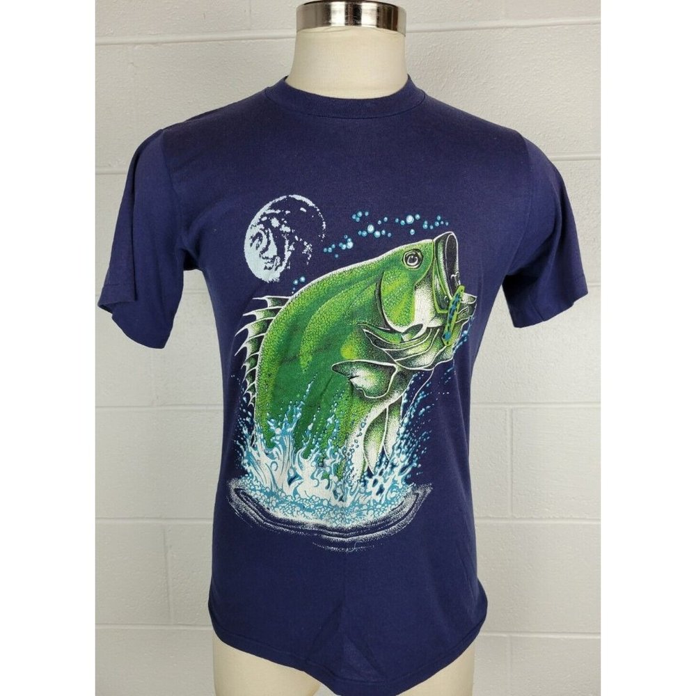 Vtg Soffe Fishing Largemouth Bass Tee T-Shirt‎ Blue Single Stitch 50/50 L